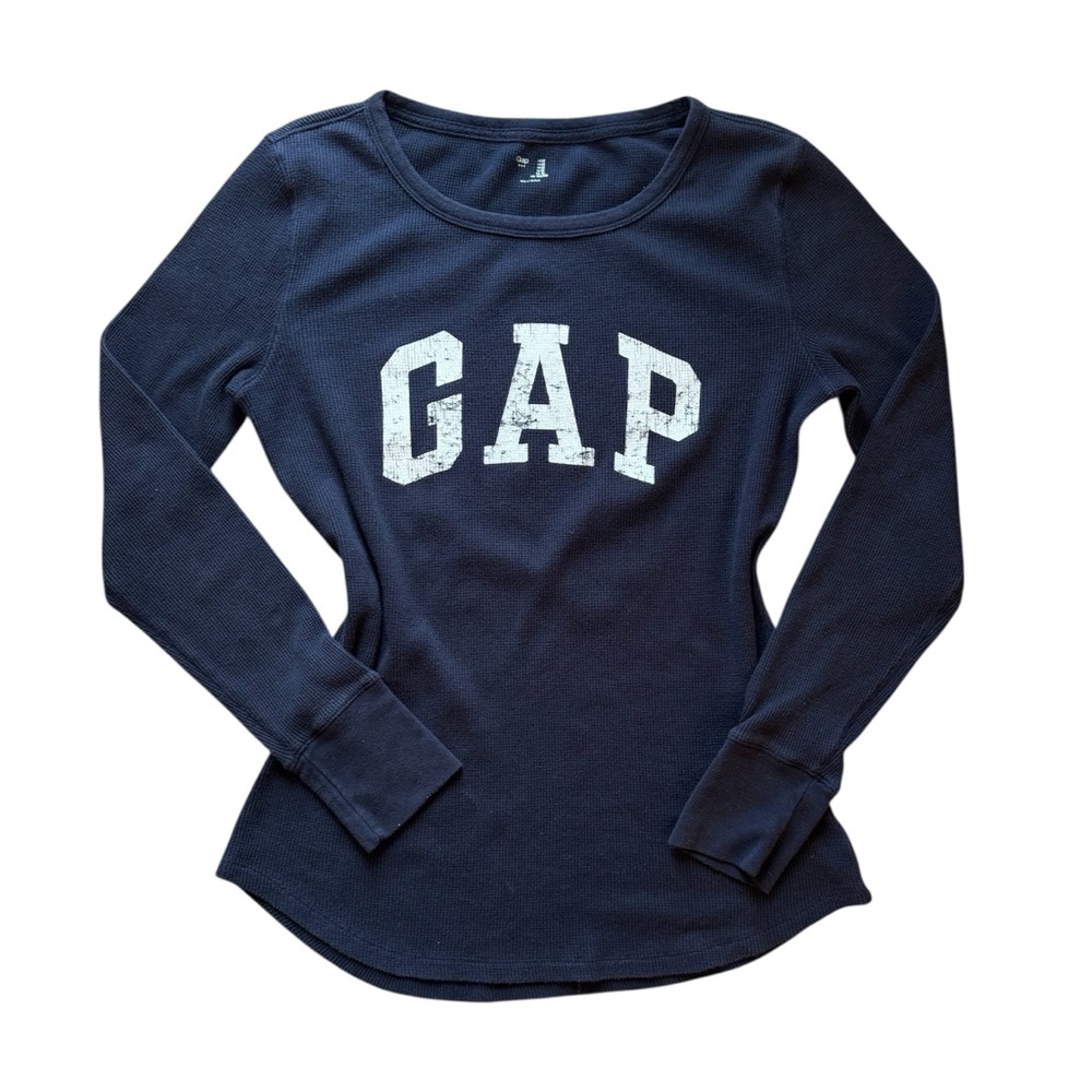 GAP Y2K Navy Waffle Knit Long Sleeve Logo Top Vintage Inspired Thermal Shirt • M